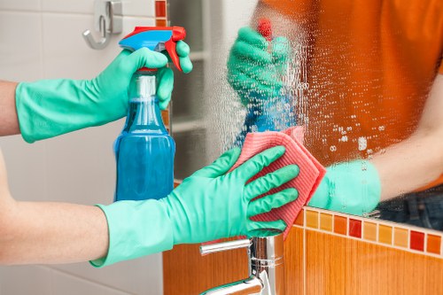 Bathroom deep cleaning with scrubbed tile and fixtures