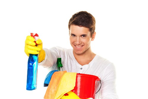 Routine cleaning of a bright kitchen and living area