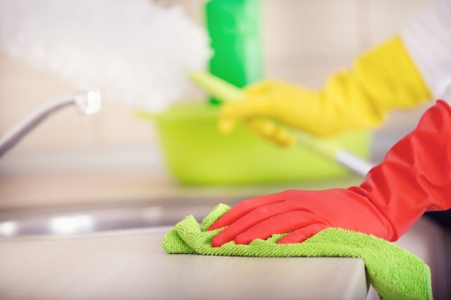 Kitchen and bathroom house cleaning tasks in a clean home