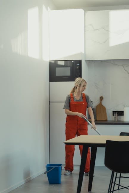 A person with dark hair tied back, wearing a black uniform, is standing indoors in front of a double-glazed window with white frames. They are holding a blue cleaning cloth in their right hand and are